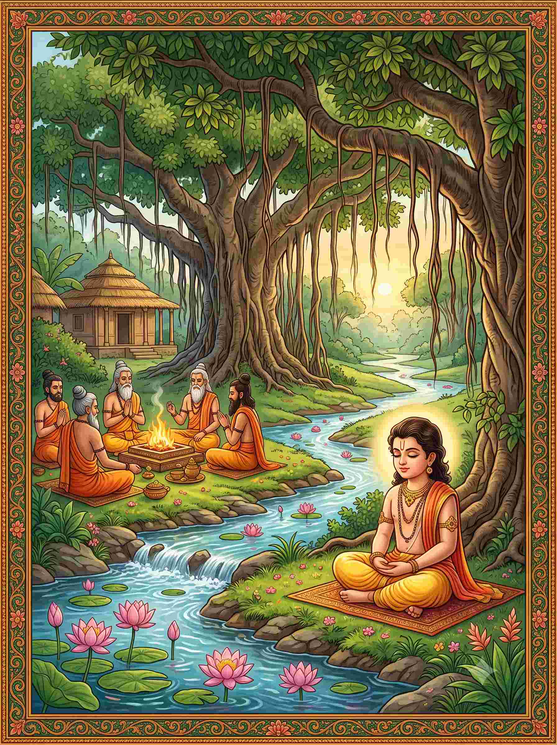 Young Kubera with sages in hermitage