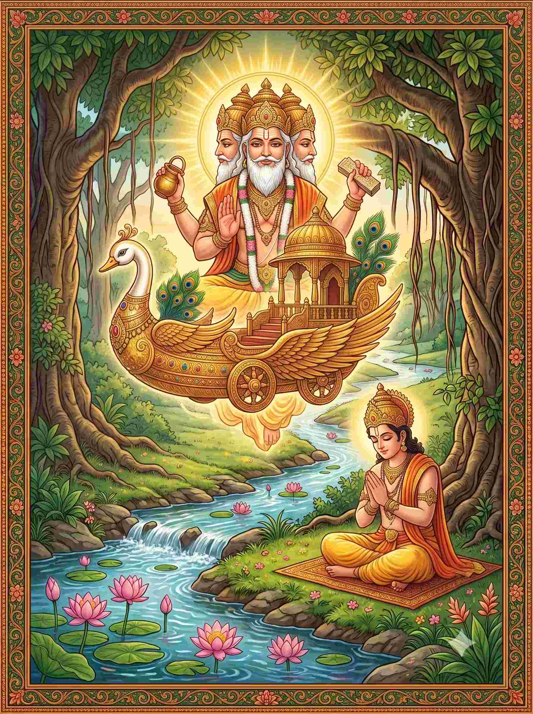 Lord Brahma gifting the Pushpaka Vimana